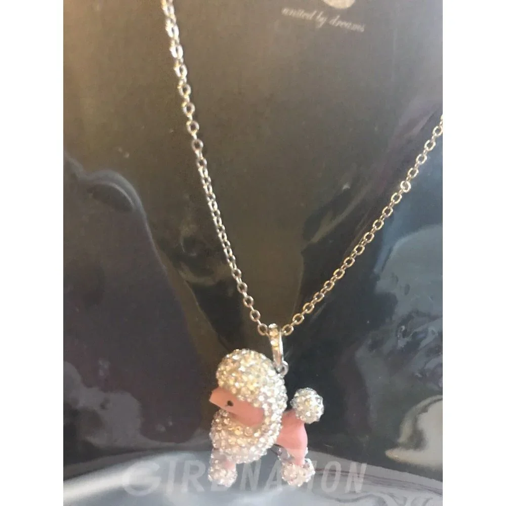 Girl Nation Enamel Child Necklace 14K Gold Plated BLING Shiny Crystal Poodle